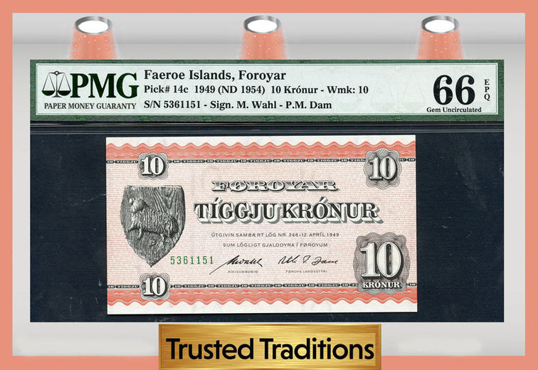 TT PK 0014c 1949 FAEROE ISLANDS 10 KRONUR PMG 66 EPQ GEM POP ONE FINEST KNOWN!