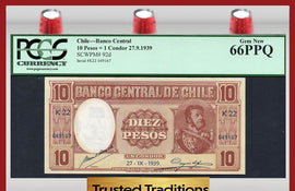 TT PK 0092d 1939 CHILE 10 PESOS = 1 CONDOR MANUEL BULNES PCGS 66 PPQ GEM NEW POP 1