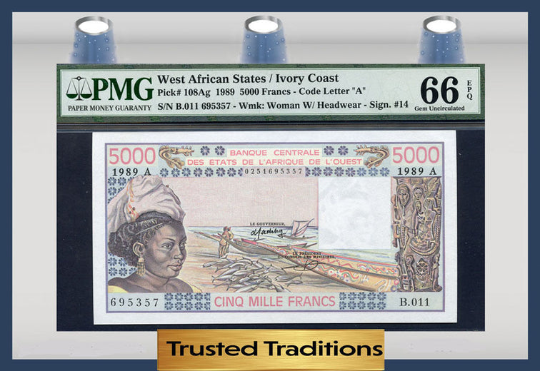 TT PK 0108Ag 1989 WEST AFRICAN STATES 5000 FRANCS PMG 66 EPQ POP 1 FINEST KNOWN!