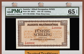 TT PK 0109 1944 AUSTRIA 50/ SCHILLING ALLIED OCCUPATION PMG 65 EPQ FINEST KNOWN