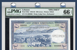 TT PK 0060s2 1952-63 LEBANON 100 LIVRES "SPECIMEN BANKNOTE" PMG 66 EPQ GEM POP ONE