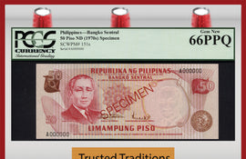 TT PK 0151s 1970 PHILIPPINES 50 PISO BANGKO SENTRAL "SPECIMEN" PCGS 66PPQ GEM NEW