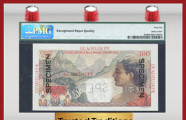 TT PK 0035s 1947-49 GUADELOUPE 100 FRANCS SPECIMEN PMG 66 EPQ GEM POP TWO