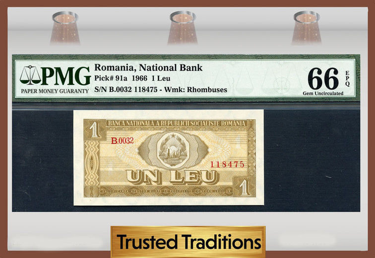 TT PK 0091a 1966 ROMANIA NATIONAL BANK 1 LEU PMG  66 EPQ GEM UNCIRCULATED