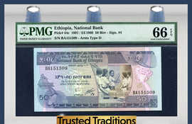 TT PK 0044c 1991 ETHIOPIA NATIONAL BANK 50 BIRR PMG 66 EPQ TOP POP FINEST KNOWN