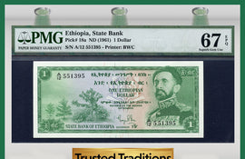 TT PK 0018a 1961 ETHIOPIA 1 DOLLAR "HAILE SELASSIE" PMG 67 EPQ POP TWO NONE FINER!