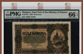 TT PK 0061 1920 HUNGARY 20 KORONA "STATE NOTE" PMG 66 EPQ! POP ONE NONE FINER!