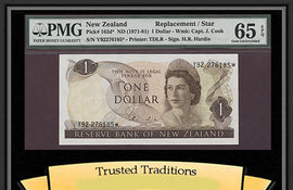 TT PK 0163d* 1971-81 NEW ZEALAND 1 DOLLAR QUEEN ELIZABETH II STAR NOTE PMG 65 EPQ