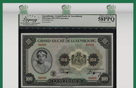 TT PK 39s 1934 LUXEMBOURG 100 FRANCS SPECIMEN LCG 58 PPQ CHOICE ABOUT NEW