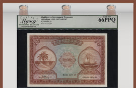 TT PK 5a 1947 MALDIVES 10 RUFIYAA GOVERNMENT TREASURER LCG 66 PPQ GEM NEW