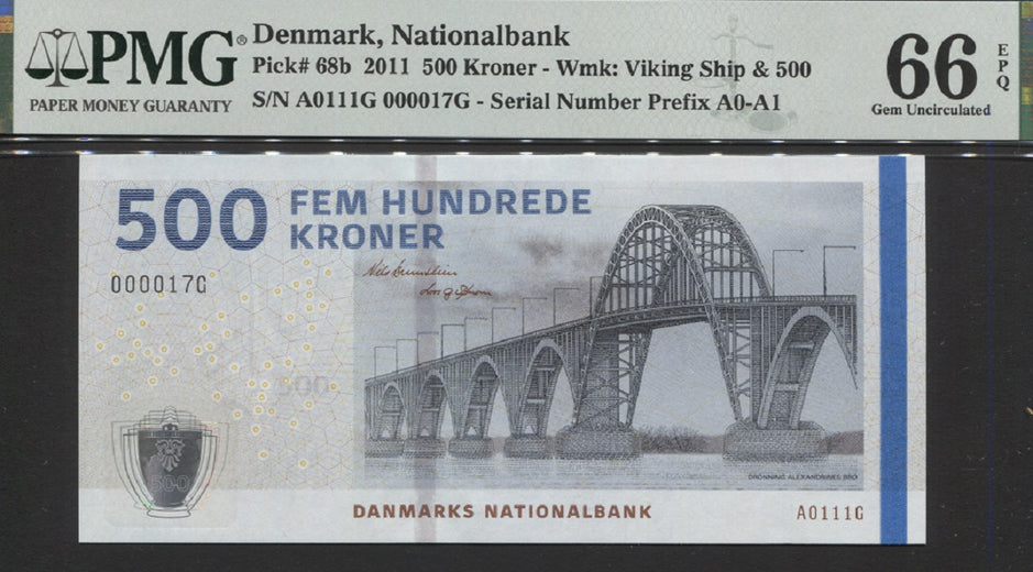 TT PK 68b 2011 DENMARK NATIONALBANK 500 KRONER PMG 66 EPQ GEM UNCIRCULATED!