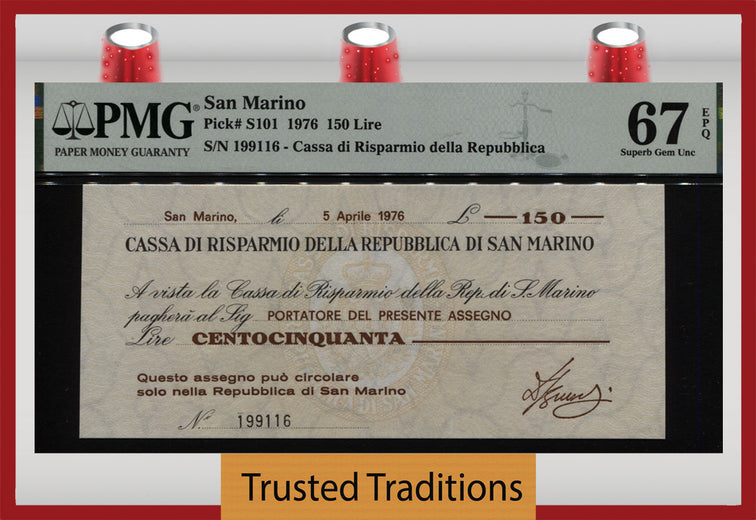 TT PK S101 1976 SAN MARINO CASSA DI RISPARMIO DELLA REP 150 LIRE PMG 67Q 2 OF 2!