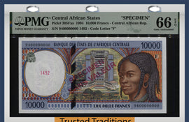 TT PK 305Fas 1994 CENTRAL AFRICAN SPECIMEN 10000 FRANCS PMG 66Q NEVER HANDLED!