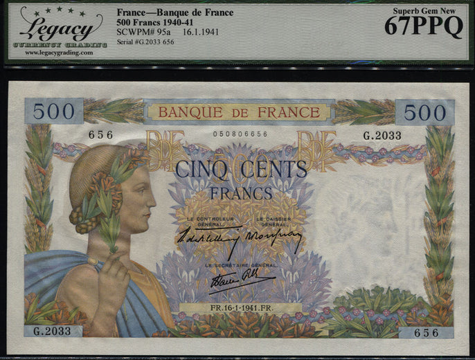 TT PK 95a 1940-1941 FRANCE 500 FRANCS BEAUTIFUL NOTE LCG 67 PPQ SUPERB GEM NEW