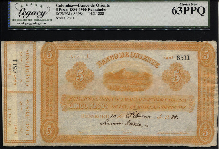 TT PK S698r 1888 COLOMBIA 5 PESOS REMAINDER LCG 63 PPQ ONLY 7 TOTAL GRADED