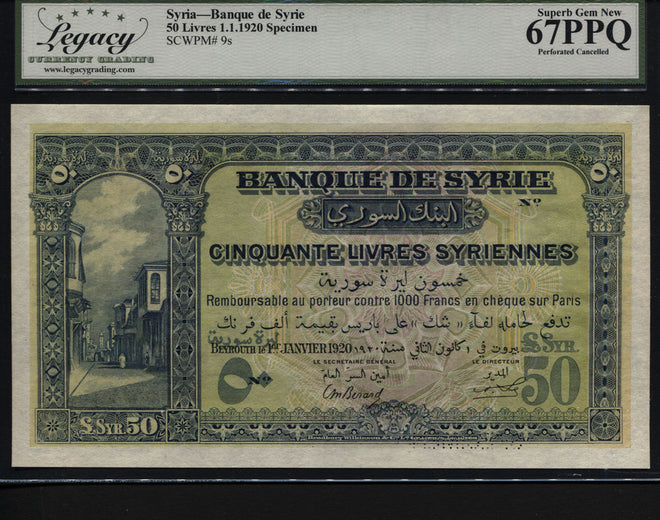 TT PK 9s 1920 SYRIA 50 LIVRES SPECIMEN LCG 67 PPQ TOP POPULATION FINEST KNOWN