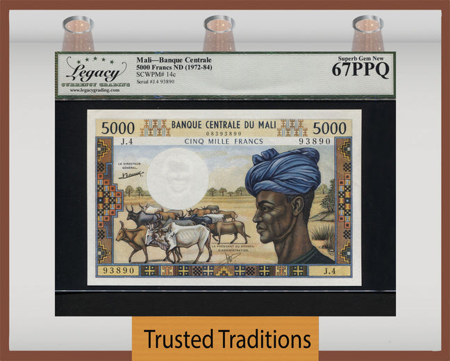 TT PK 14c 1972-84 MALI BANQUE CENTRALE 5000 FRANCS LCG 67 PPQ SUPERB GEM NEW