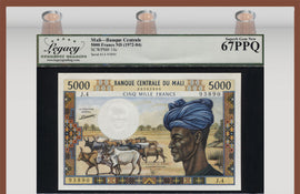 TT PK 14c 1972-84 MALI BANQUE CENTRALE 5000 FRANCS LCG 67 PPQ SUPERB GEM NEW