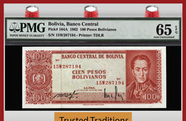 TT PK 0164A 1962 BOLIVIA 100 PESOS BOLIVIANOS PMG 65 EPQ POPULATION ONE!