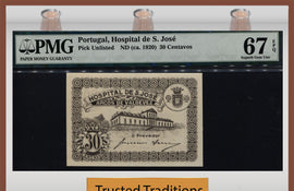 TT PK UNL 1920 PORTUGAL HOSPITAL DE S. JOSE 30 CENTAVOS PMG 67Q NEARLY 100 YRS!