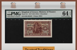 TT PK 0311 1917 KINGDOM OF GREECE 2 DRACHMAI PMG 64 EPQ SURVIVING OVER A CENTURY!