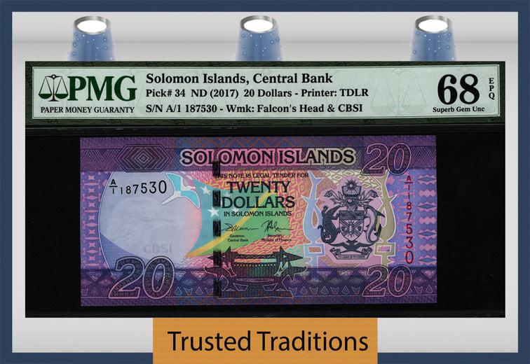 TT PK 34 2017 SOLOMON ISLANDS CENTRAL BANK 20 DOLLARS PMG 68 EPQ FINEST KNOWN!