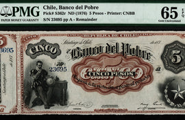 TT PK S362r 1876 CHILE 5 ESCUDOS PMG 65 EPQ GEM FINEST KNOWN ONLY UNC EXAMPLE!