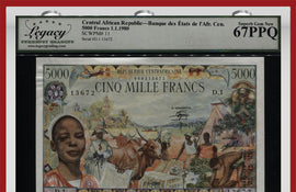 TT PK 11 1980 CENTRAL AFRICAN REPUBLIC 5000 FRANCS LCG 67 PPQ SUPERB GEM NEW