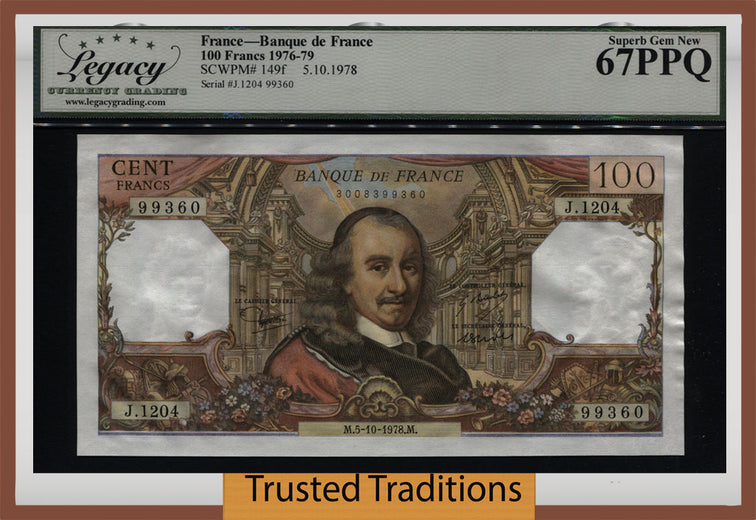 TT PK 149f 1978 FRANCE 100 FRANCS LCG 67 PPQ SUPERB GEM NEW RARE HIGH GRADE NOTE