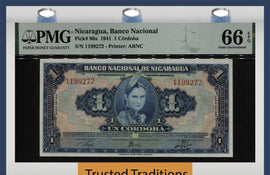 TT PK 90a 1941 NICARAGUA 1 CORDOBA INDIAN GIRL PMG 66 EPQ GEM UNCIRCULATED
