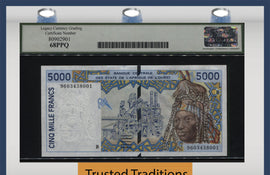 TT PK 213Be 199 WEST AFRICAN STATES 5000 FRANCS LCG 68 PPQ SUPERB FINEST KNOWN!