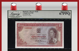 TT PK 28d 1968 RHODESIA 1 POUND QUEEN ELIZABETH II LCG 67 PPQ SUPERB GEM NEW