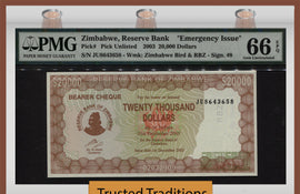 TT PK UNL 2003 ZIMBABWE $20000 "EMERGENCY ISSUE" PMG 66 EPQ GEM UNCIRCULATED!