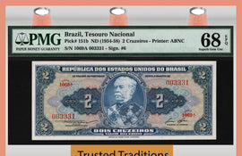 TT PK 151b 1954-58 BRAZIL 2 CRUZEIROS STUNNING BANKNOTE PMG 68 EPQ FINEST KNOWN!