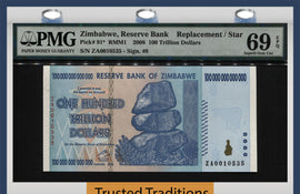 TT PK 91* 2008 ZIMBABWE 100 TRILLION DOLLARS REPLACEMENT STAR 5 IN PMG 69 EPQ