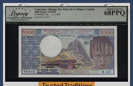 TT PK 16c 1978-80 CAMEROUN 1000 FRANCS PMG 68 EPQ SUPERB TIED AS BEST NONE FINER