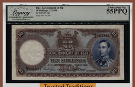 TT PK 38j 1950 FIJI 10 SHILLINGS KING GEORGE VI LCG 55 PPQ TOP POP FINEST KNOWN!