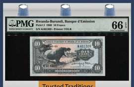 TT PK 2 1960 RWANDA-BURUNDI 10 FRANCS DESIRABLE NOTE PMG 66 EPQ TIED AS BEST