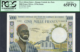 TT PK 204Bl 1970s WEST AFRICAN STATES BENIN 5000 FRANCS PCGS 65 PPQ GEM NEW!