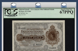 TT PK 0010a 1969 FALKLAND ISLANDS 50 PENCE QUEEN ELIZABETH II PCGS 67 PPQ SUPERB!
