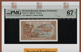 TT PK 1a 1960-61 RWANDA-BURUNDI 5 FRANCS IMPALA PMG 67 EPQ SUPERB TIED AS BEST!