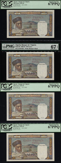 TT PK 0085 1939-45 ALGERIA 100 FRANCS 4 SEQUENTIALLY NUMBERED SET OF 4 PMG 67 EPQ