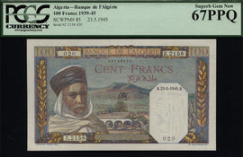 TT PK 0085 1939-45 ALGERIA 100 FRANCS 4 SEQUENTIALLY NUMBERED SET OF 4 PMG 67 EPQ