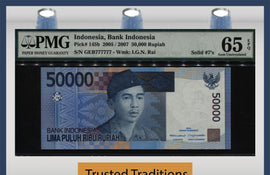 TT PK 0145b 2005 INDONESIA 50000 RUPIAH LUCKY SERIAL # 777777 PMG 65 EPQ GEM UNC!