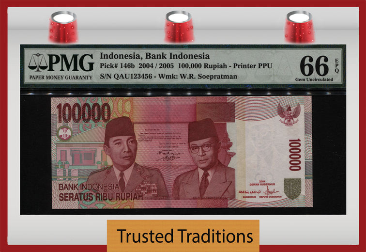 TT PK 146b 2004 INDONESIA 100000 RUPIAH LADDER SERIAL # 123456 PMG 66 EPQ GEM