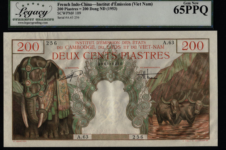 TT PK 109 1953 FRENCH INDO-CHINA 200 PIASTRES LCG 65 PPQ ONLY GEM NEW CERTIFIED!