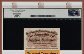 TT PK 26 1914-18 LUXEMBOURG 50 CENTIMES LCG 68 PPQ FINEST KNOWN NEAR PERFECTION!