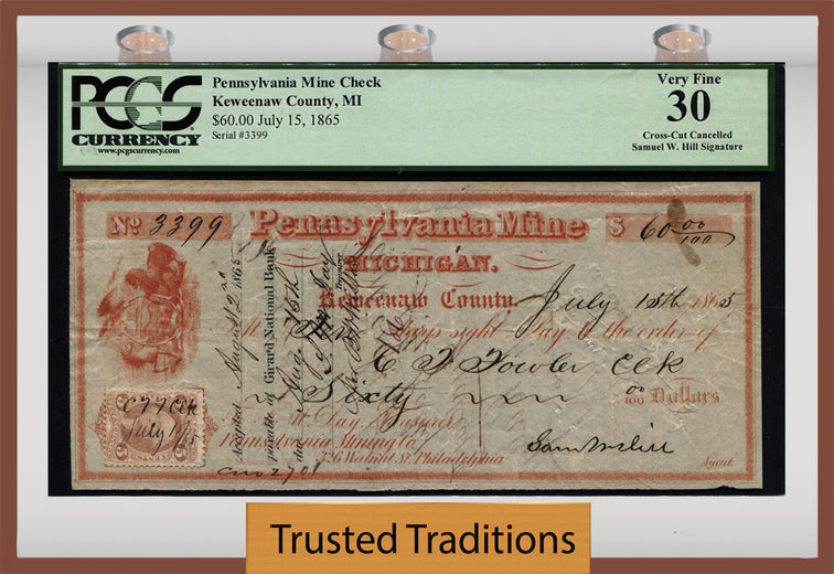 TT 1865 PENNSYLVANIA MINING CO. $60 CHECK 