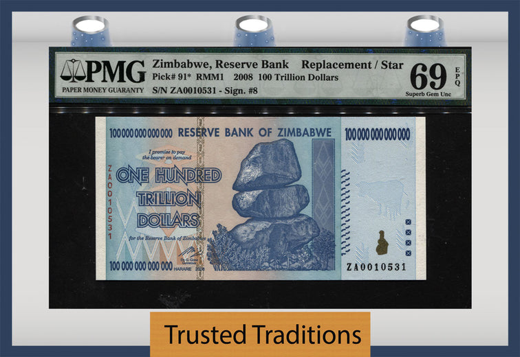 TT PK 091* 2008 ZIMBABWE 100 TRILLION DOLLARS STAR REPLACEMENT NOTE PMG 69 EPQ !!