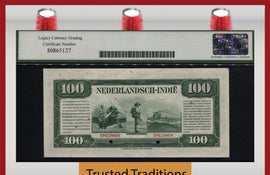 TT PK 117s 1943 NETHERLANDS INDIES 100 GULDEN QUEEN WILHELMINA SPECIMEN LCG 68Q!